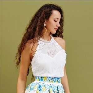 NWT - Chicwish Floral Lace Cutwork Halterneck Top in White